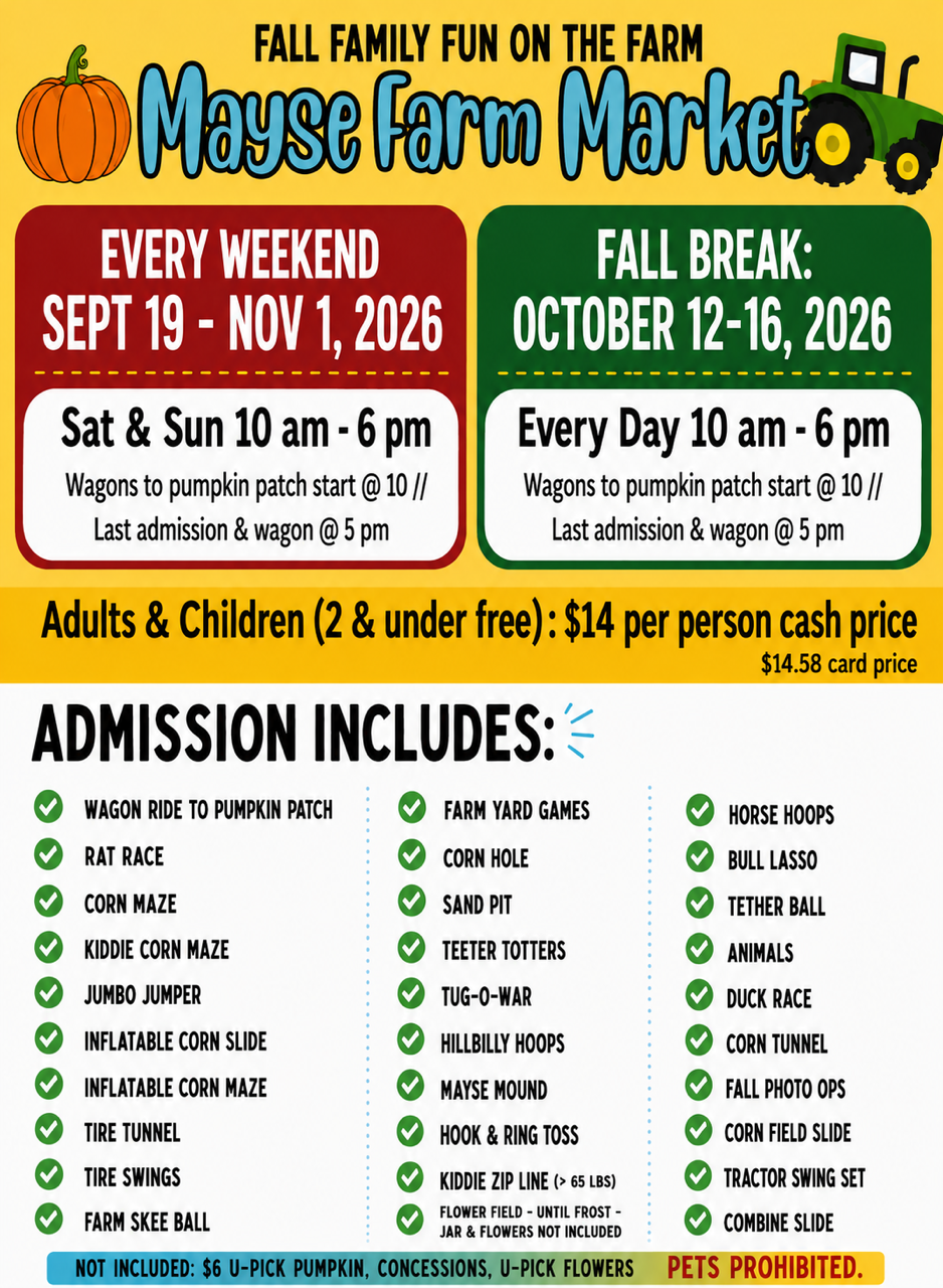 2026 fall weekend flyer as published on the Mayse website